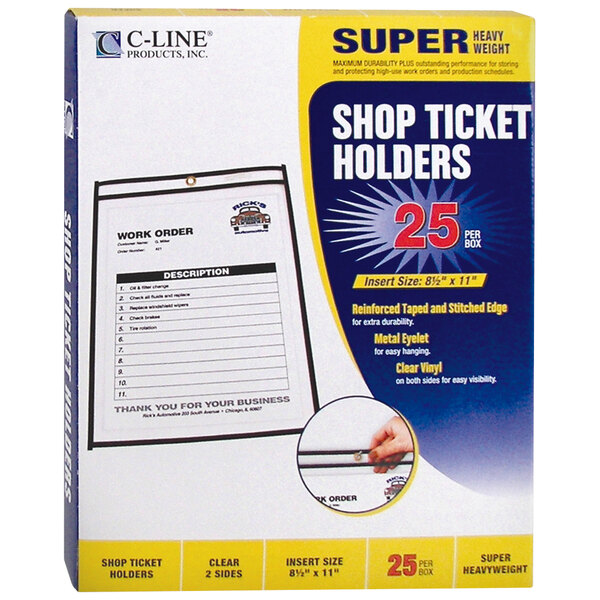 A box of 25 C-Line double sided clear stitched shop ticket holders.