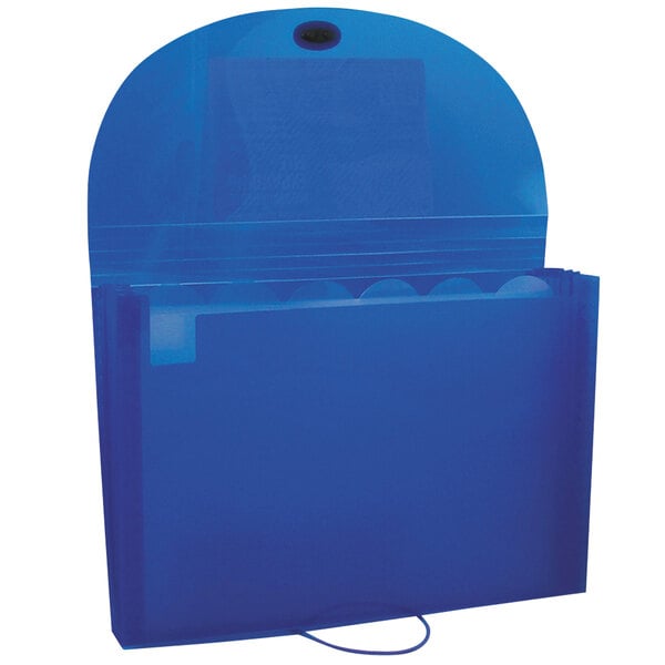 A blue plastic folder with an elastic closure.