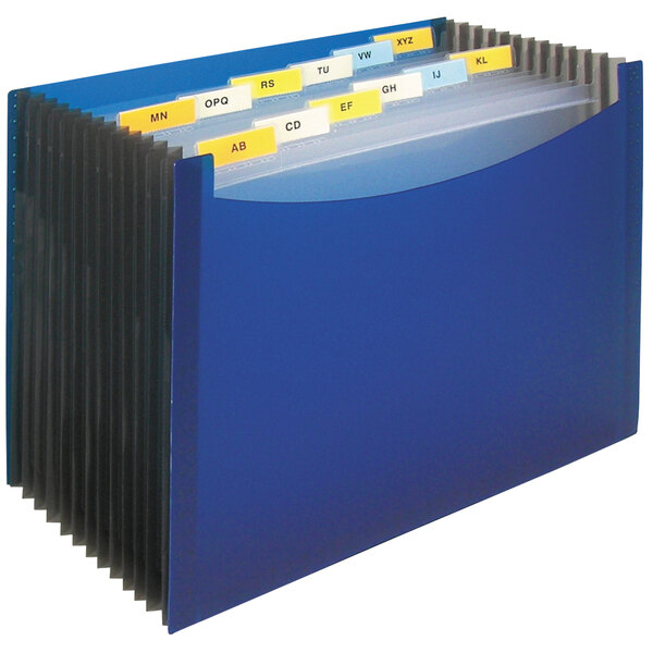 A blue C-Line standing expanding file with different colored tabs.
