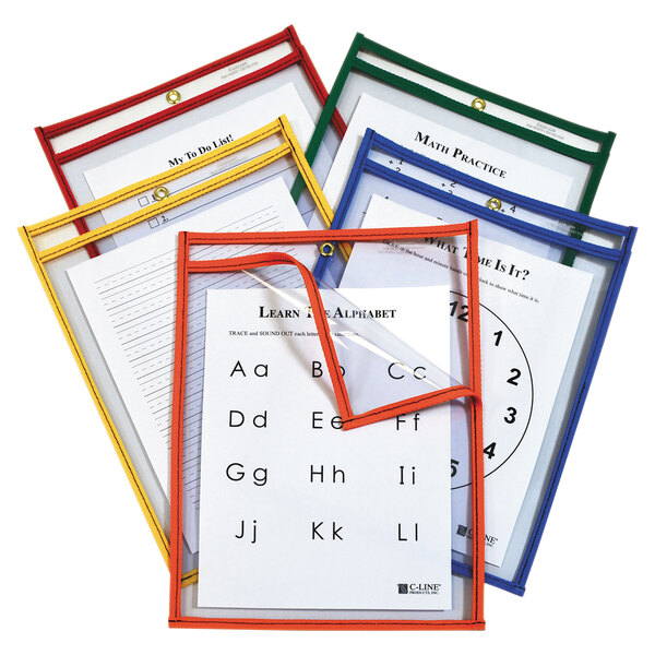 Four different colored C-Line reusable dry erase pockets with paper and letters inside.