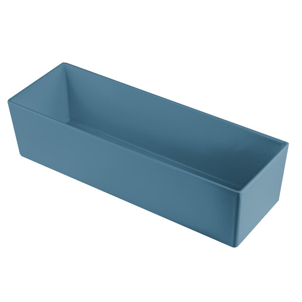 A blue rectangular Tablecraft bowl with straight sides and a handle.