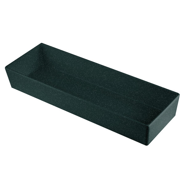 A black rectangular Tablecraft bowl with a white speckled interior on a counter.