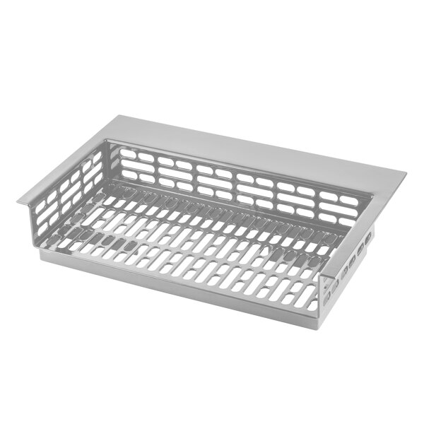 A Tablecraft brushed aluminum metal tray with a perforated grid.