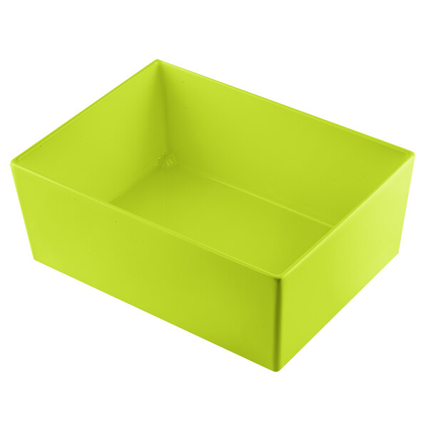 A lime green rectangular bowl with straight sides on a white background.
