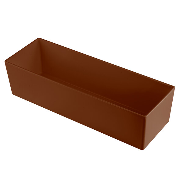 A brown rectangular cast aluminum bowl with straight sides.