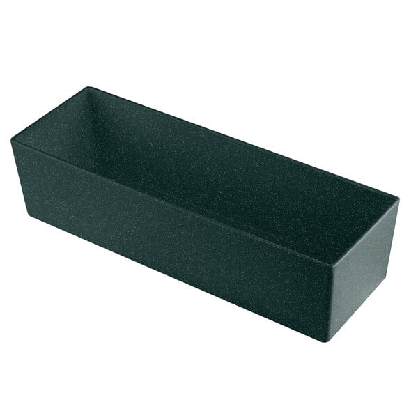 A rectangular black Tablecraft bowl with a white speckle.