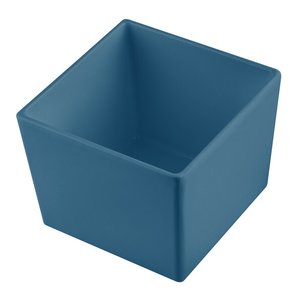 A blue square Tablecraft bowl with straight sides.
