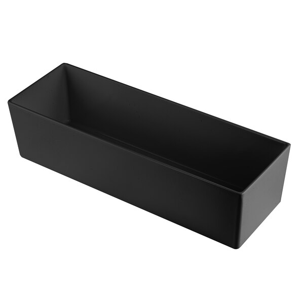A Tablecraft black cast aluminum rectangular bowl with straight sides.