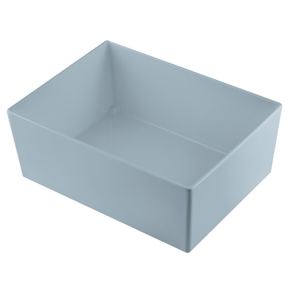A white rectangular Tablecraft deep straight sided bowl with a clear bottom.
