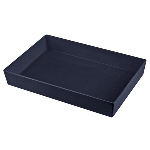 A black rectangular Tablecraft salad bowl with a blue speckled interior and straight sides.