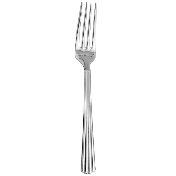 A silver fork with a black top.