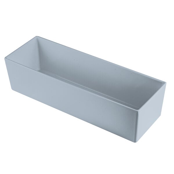 A gray rectangular Tablecraft bowl with straight sides and a long handle.