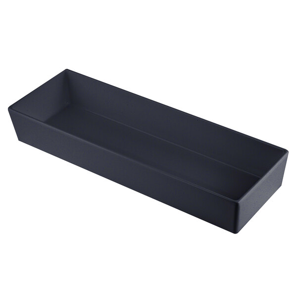A black rectangular Tablecraft bowl with a blue speckled interior on a white counter.