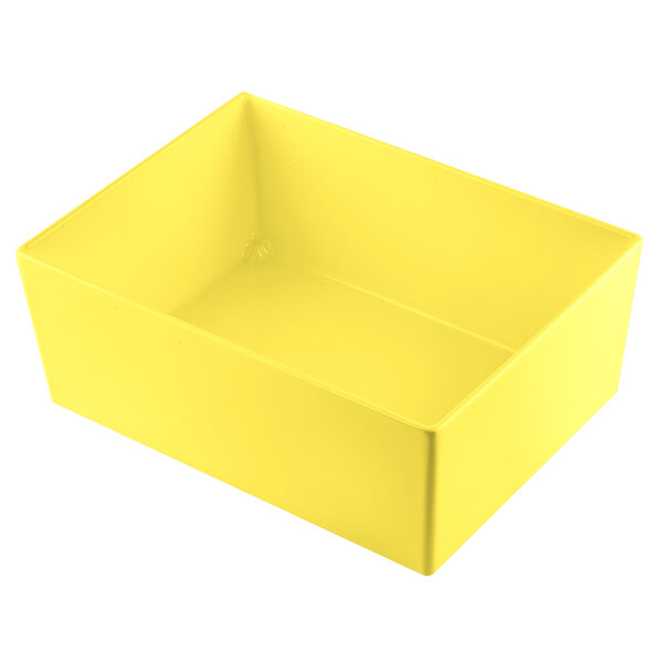 A yellow rectangular Tablecraft bowl with straight sides on a white background.