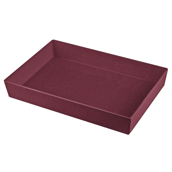 A maroon rectangular cast aluminum bowl with straight sides.