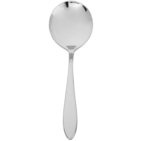 A close-up of a Walco stainless steel bouillon spoon with a black handle.