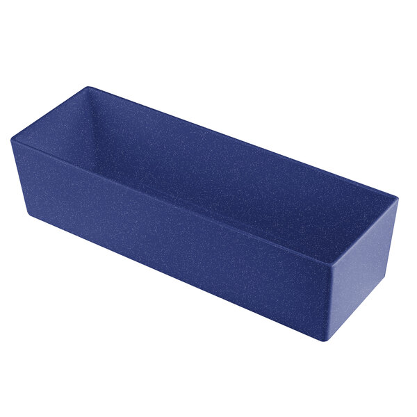 A Tablecraft blue speckled rectangular cast aluminum bowl.