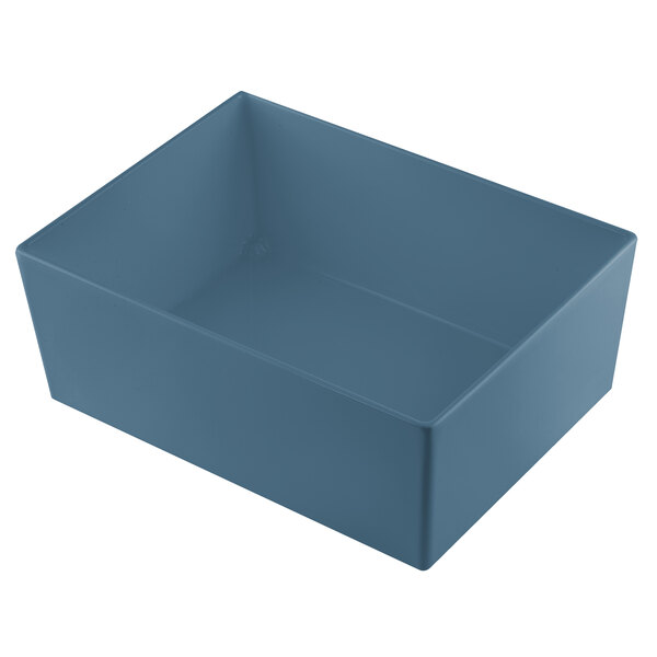 A blue rectangular Tablecraft bowl with straight sides and a white interior.