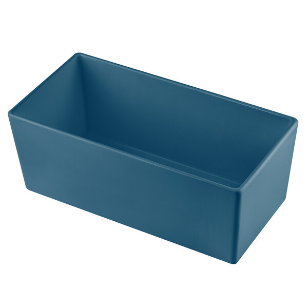 A Tablecraft blue cast aluminum deep bowl with straight sides.