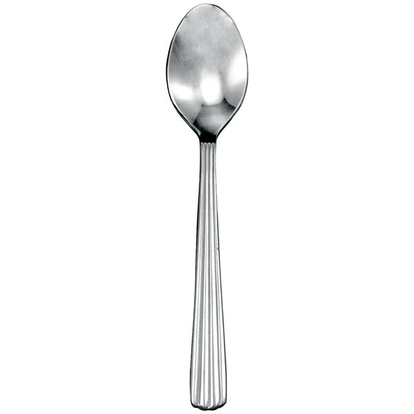 A close-up of a Walco stainless steel demitasse spoon with a black top on a white background.