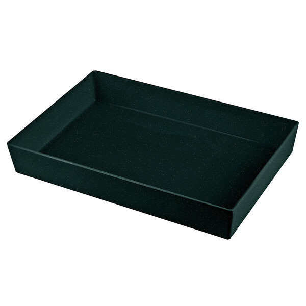 A black rectangular Tablecraft bowl with a handle on a counter.