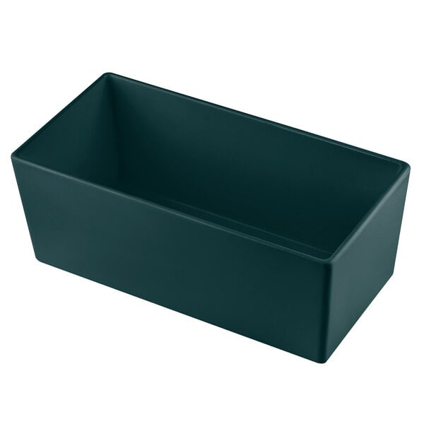 A Tablecraft hunter green cast aluminum rectangular bowl with straight sides on a white background.