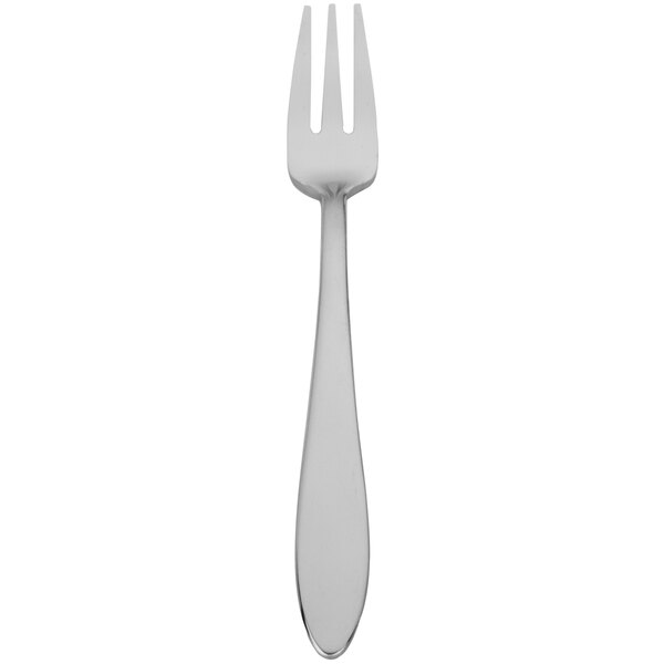 A silver fork with a black top on a white background.