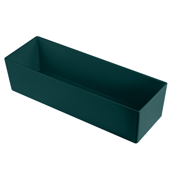 A Tablecraft hunter green cast aluminum rectangular container with straight sides.