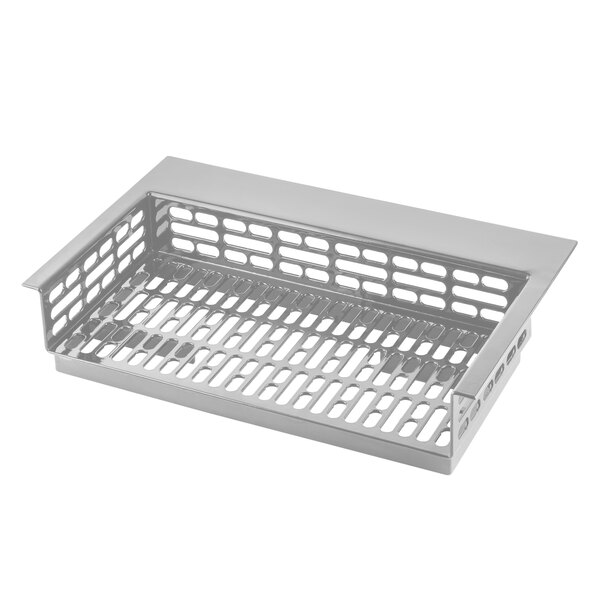 A Tablecraft brushed aluminum tray with a perforated grid pattern.