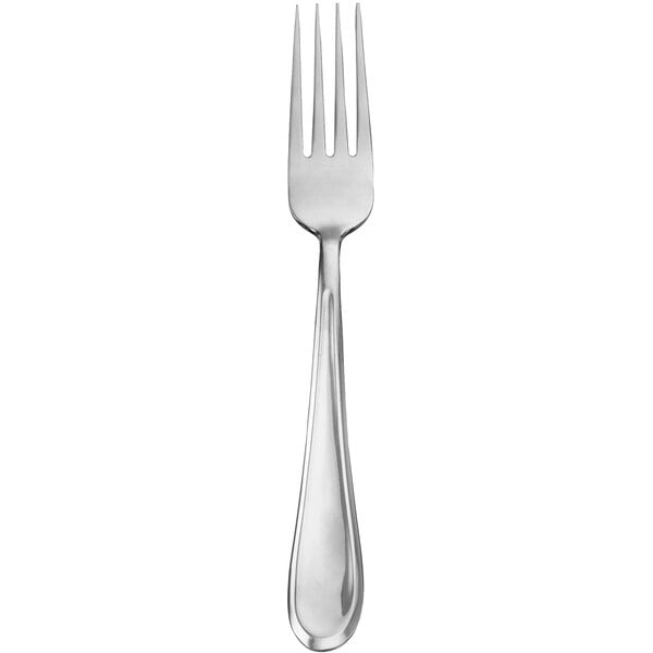 A silver Walco Orbiter dinner fork with a white background.