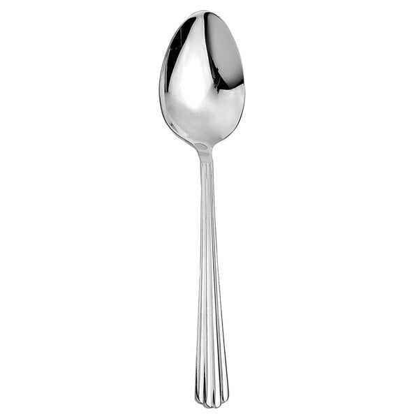 A stainless steel Walco Hyannis dessert spoon with a black top.