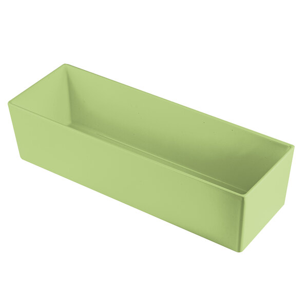 A green rectangular Tablecraft bowl with straight sides on a white background.
