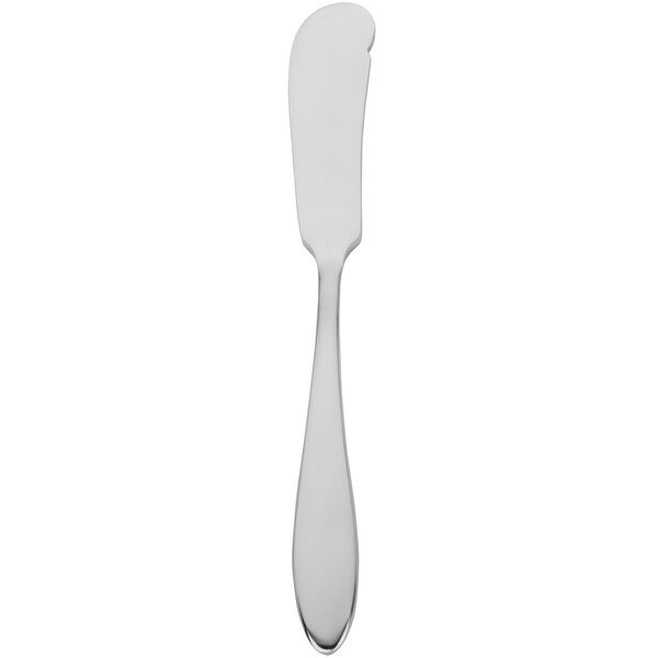 A silver Walco butter spreader with a black handle on a white background.