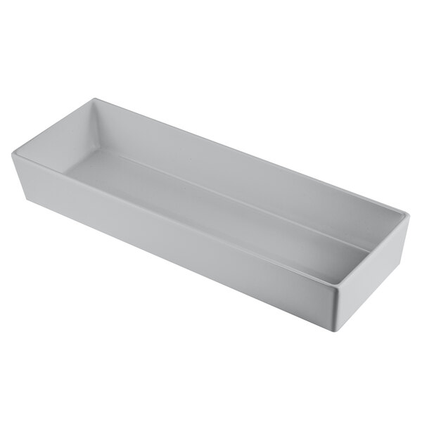A Tablecraft natural finish rectangular bowl with straight sides and a rectangular bottom.