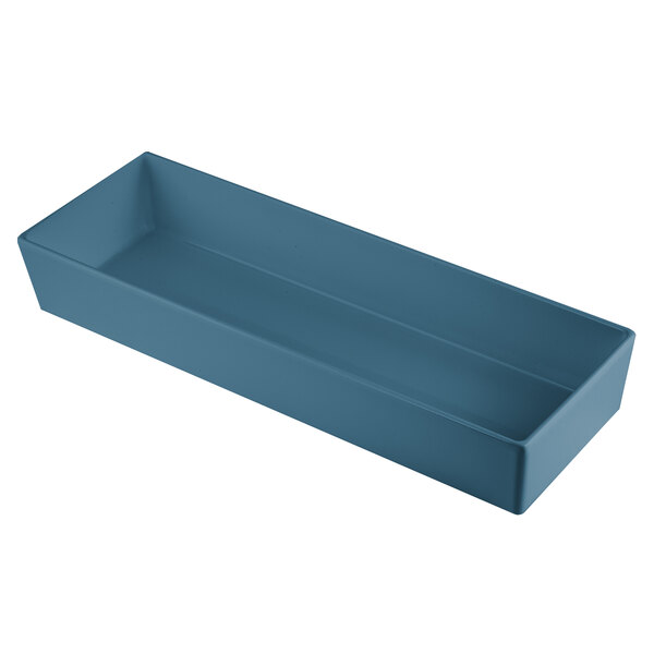 A blue rectangular Tablecraft bowl on a counter.
