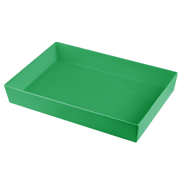 A green rectangular cast aluminum bowl on a white background.
