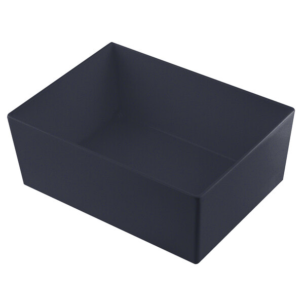 A black rectangular Tablecraft bowl with blue speckles on the inside.
