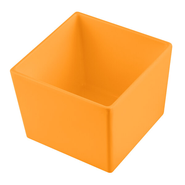A Tablecraft orange cast aluminum square bowl.