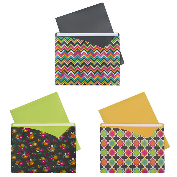 A group of C-Line assorted bold color patterned file jackets.