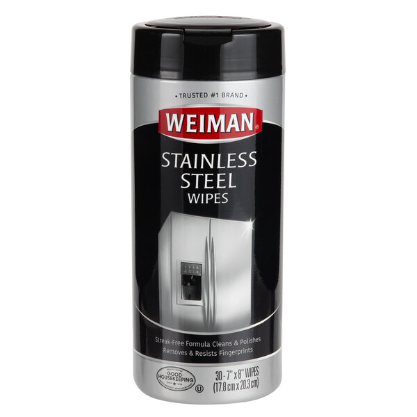 A white can of Weiman Stainless Steel Cleaning & Polishing Wipes with a label.