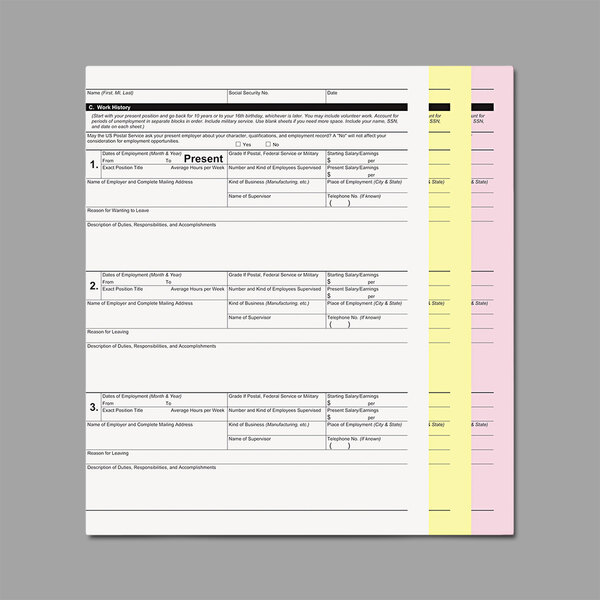 A form with white, yellow, and pink PM Company digital carbonless paper.