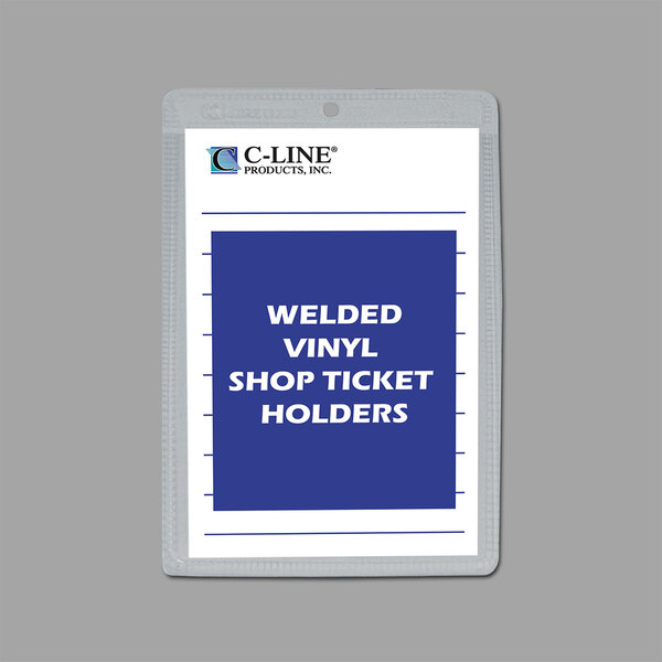 A blue and white box of C-Line clear vinyl shop ticket holders with a blue and white label.
