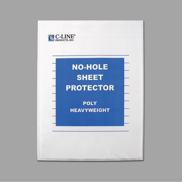 A white C-Line heavy weight sheet protector with blue text.
