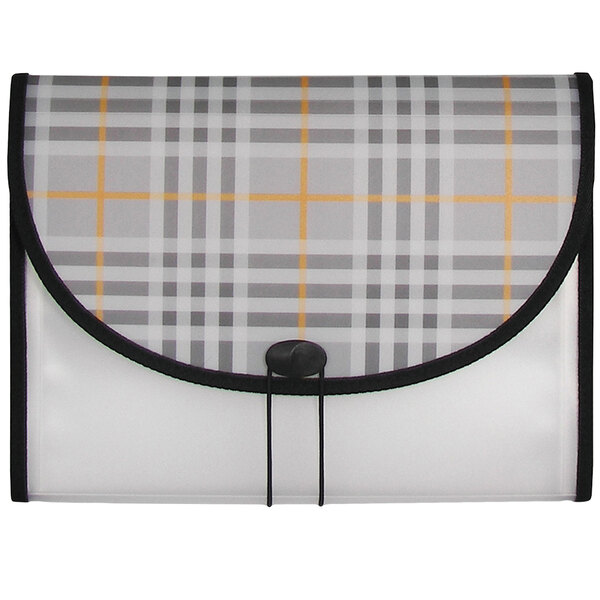 A white and black plaid C-Line expanding file with elastic closure.