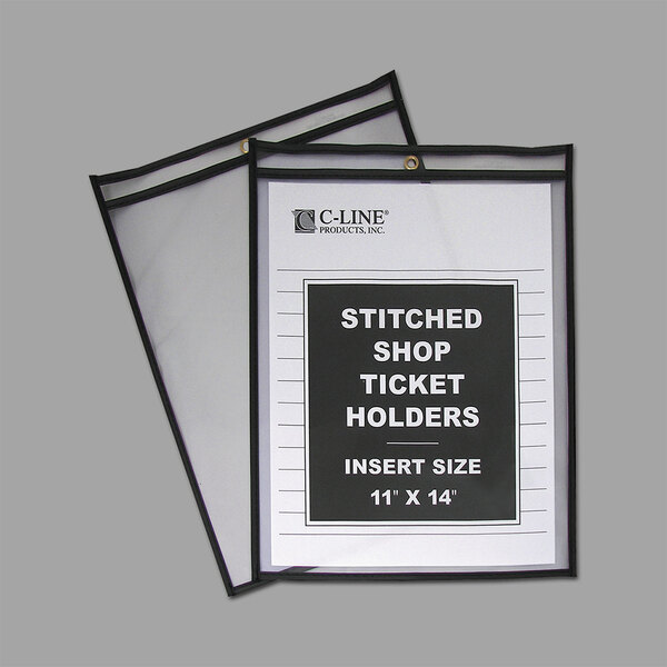 A pair of stitched shop ticket holders with clear plastic on both sides.