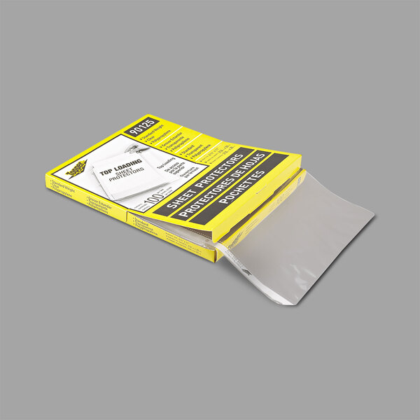 A yellow box with a clear plastic bag of C-Line Top-Loading Sheet Protectors.