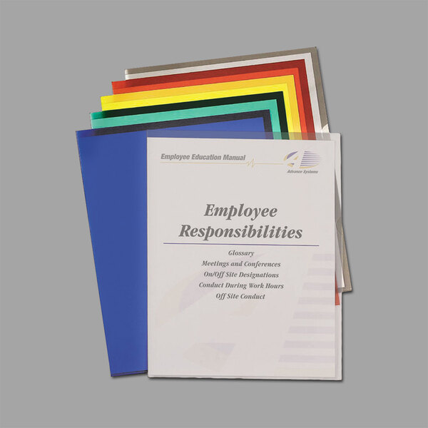 A stack of C-Line poly project folders in assorted colors with a document inside.