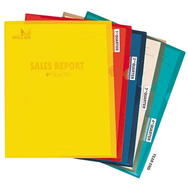 A group of C-Line letter size heavy weight poly project folders with tabbed jackets in assorted colors.
