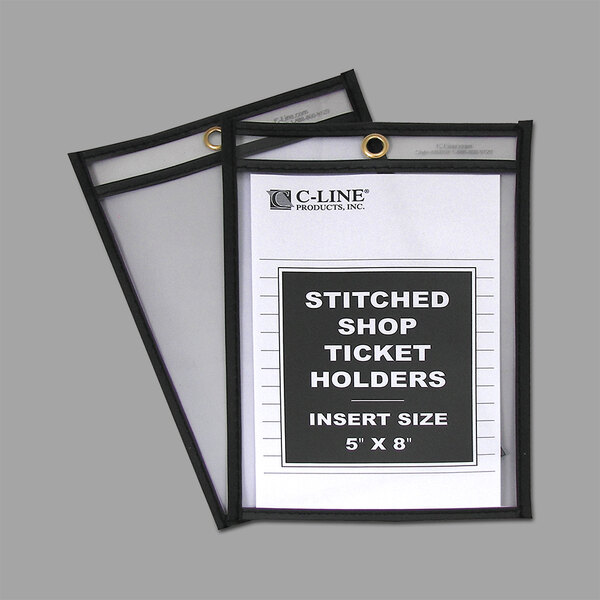 A pair of stitched shop ticket holders with clear stitched edges.