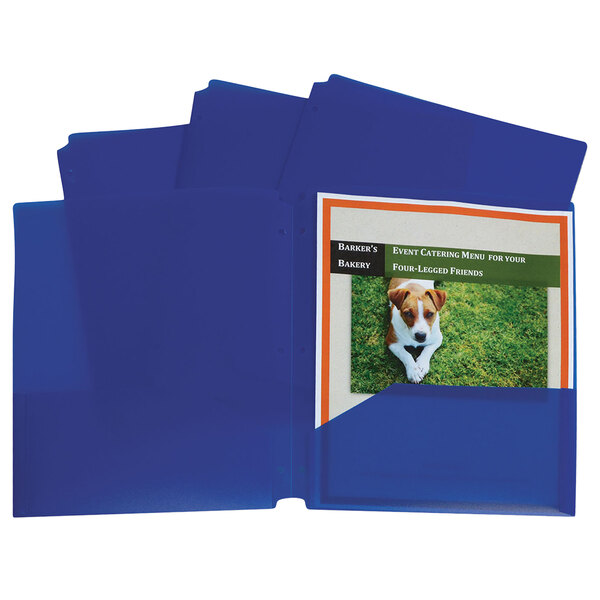 A blue C-Line poly portfolio folder with 3 holes and 2 pockets with a picture of a dog on it.